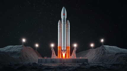 Obraz premium A rocket stands poised for launch against a starry backdrop, illuminated by ground lights, amidst moon-like terrain.