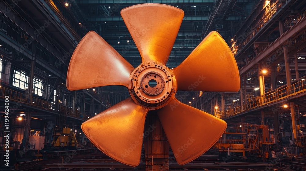 Poster a large industrial propeller is displayed in a dimly lit factory, showcasing its intricate design an