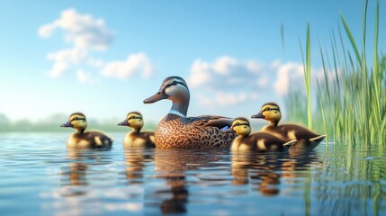 Mother duck guiding her ducklings through the calm water on a sunny day. Generative AI