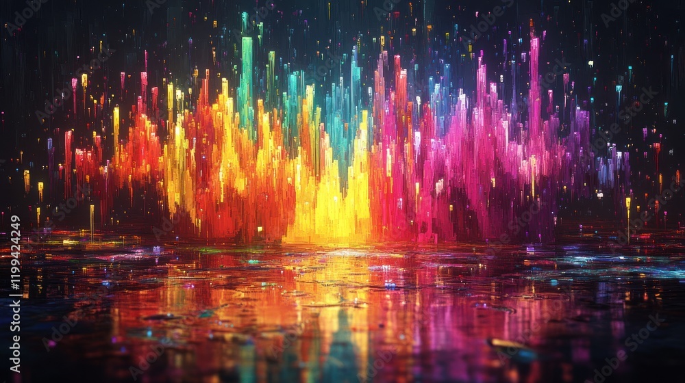 Aufkleber colorful abstract visualization of sound waves reflecting light in a vibrant display at night. gener
