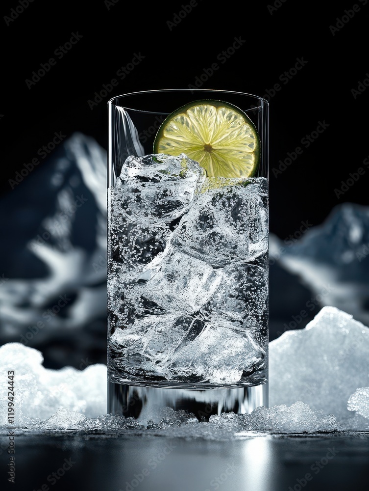 Aufkleber refreshing glass of cold ice water with a slice of lime set against an icy background with glimmerin