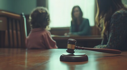 A child sits with his family and a judge's gavel is on the table in front of him, representing the law of the child. And it promotes the idea of ​​respect for the law and child custody.
