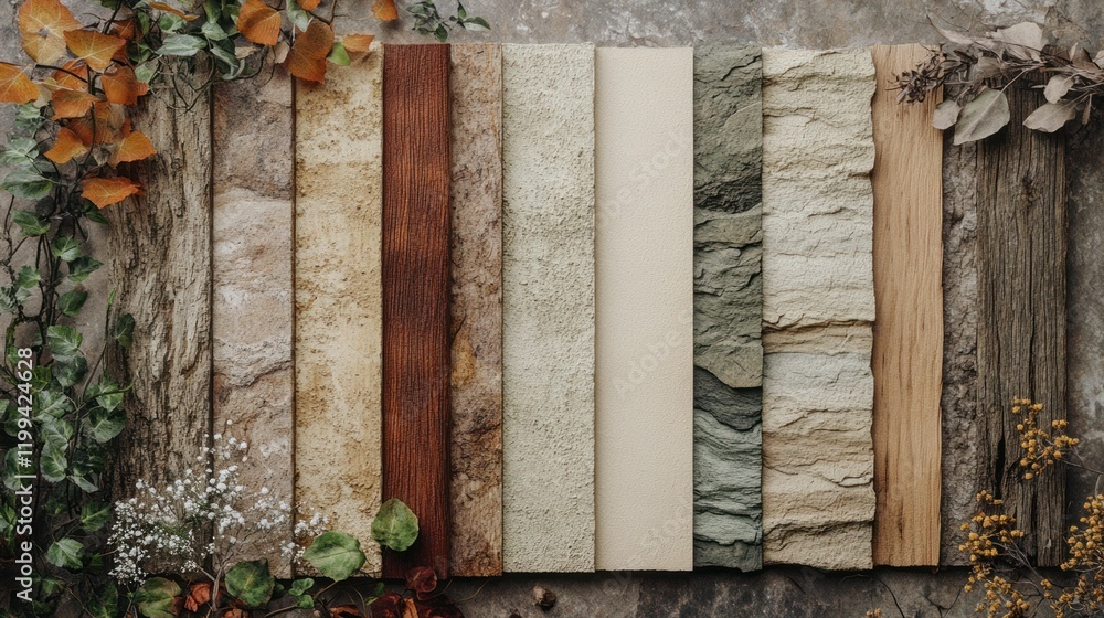 Poster various natural textures displayed on a flat surface for design inspiration and analysis. generative