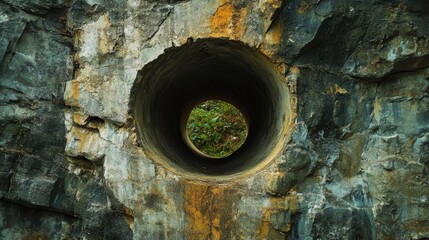 A close-up of a cement pipe's circular opening, showing its rugged interior.