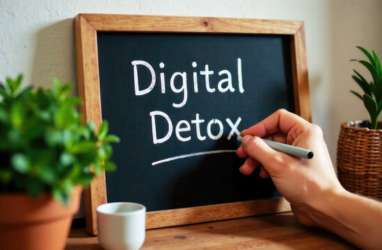 A person writes digital detox on a chalkboard amid plants, promoting mindfulness and mental health