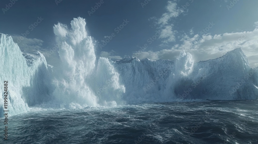 Poster majestic icebergs calving and creating waves in the serene ocean under a clear sky. generative ai