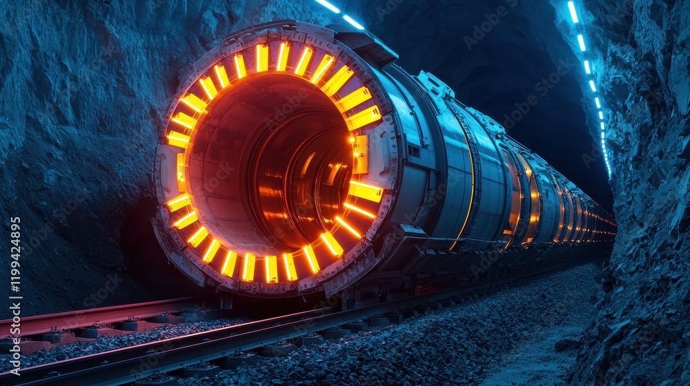 Aufkleber a futuristic tunnel boring machine with glowing lights inside a dark tunnel, showcasing advanced tec