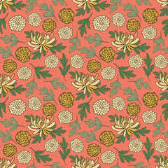 Floral seamless pattern featuring chrysanthemums and green leaves. Botanical repeating print. Perfect for wallpaper, fabric, wrapping paper, packaging, crafts, stationery, and room decor.