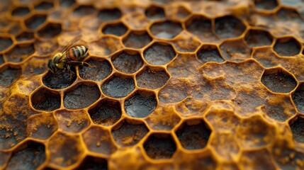 Close-Up View of Honeycomb Structure with Bee in Natural Habitat