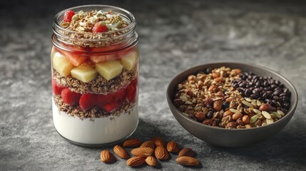 Healthy breakfast options featuring layered yogurt parfait and a bowl of mixed nuts. Generative AI
