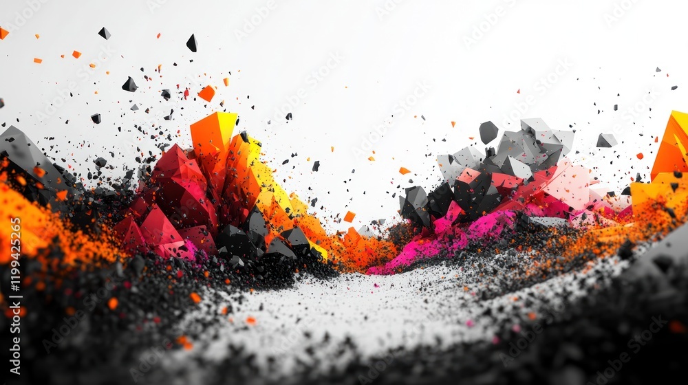 Poster colorful abstract landscape featuring geometric shapes and vibrant textures in a dynamic arrangement