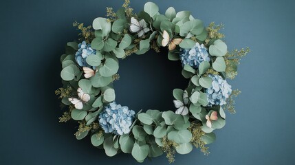 Elegant wreath adorned with blue hydrangeas and butterflies against a dark backdrop. Generative AI