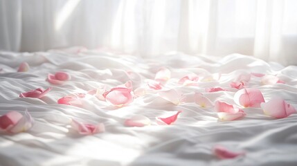 Delicate rose petals on silk, bathed in soft morning light, evoking a dreamy, romantic ambiance.