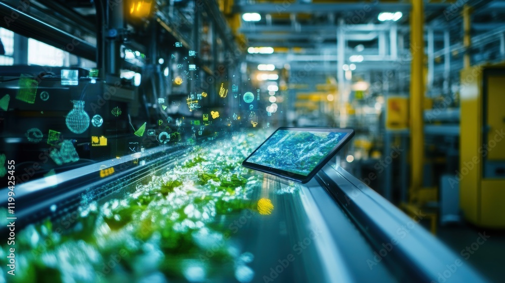 Aufkleber a tablet resting on a factory surface showcasing a course on environmental sustainability practices 