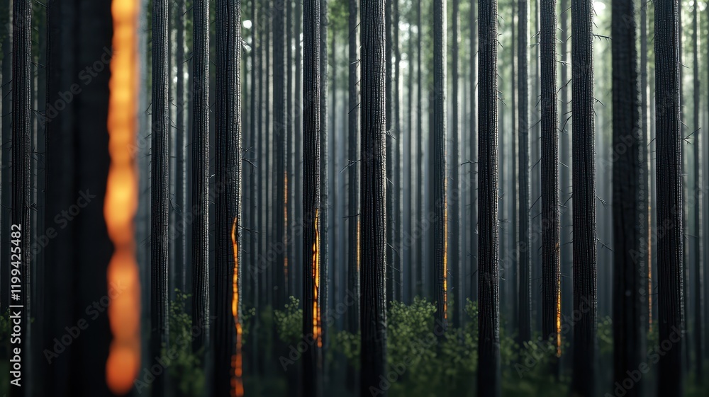 Poster a serene forest scene with tall, dark trees and a hint of warm light filtering through, creating a m