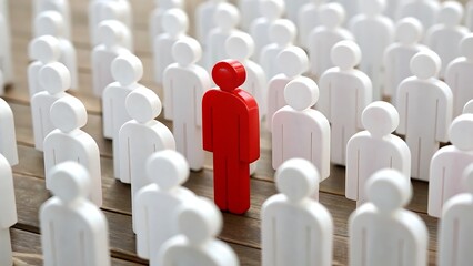 Fototapeta premium A single red figurine of stands amidst of identical white figurines, symbolizing leadership and uniqueness