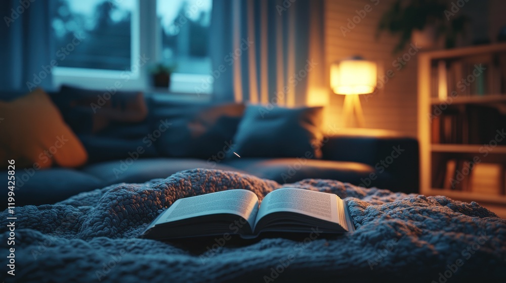 Poster cozy evening setting with an open book on a blanket near a warm lamp in a living room. generative ai
