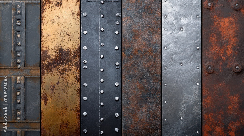 Poster varied textures of metal panels with rivets in different colors and patterns