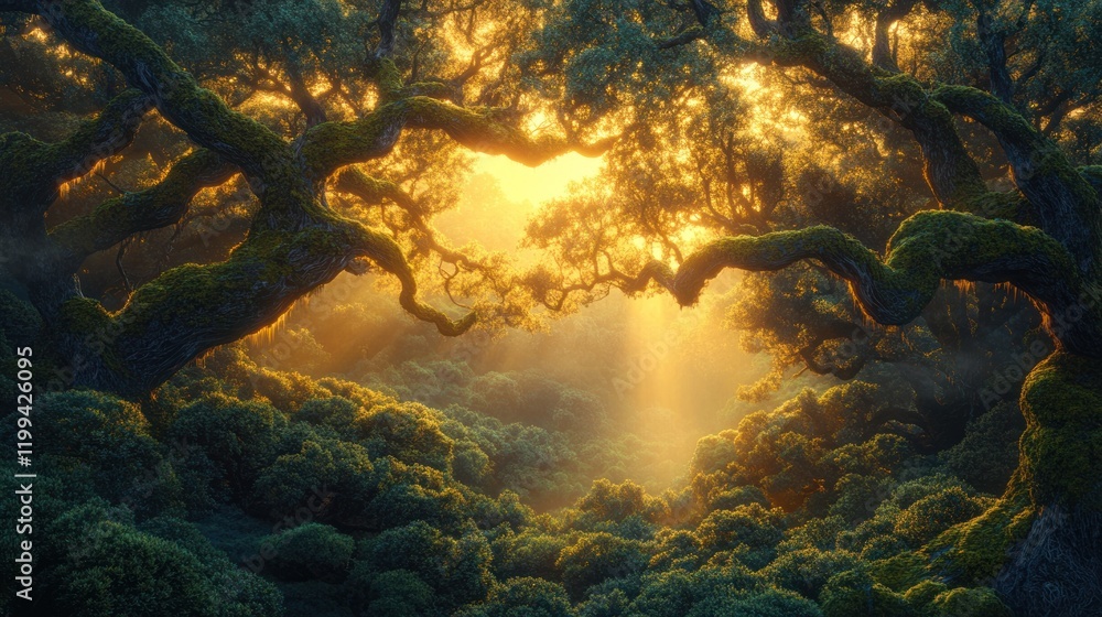 Poster sunlight filters through ancient trees in a mystical forest at dawn. generative ai