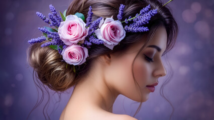 Naklejka premium Portrait of a woman with a floral hairstyle featuring lavender and roses, highlighting elegance and beauty in a soft purple background