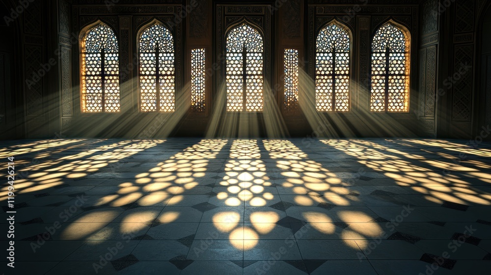 Poster light beams creating intricate patterns on the floor of a historic architectural space during sunset