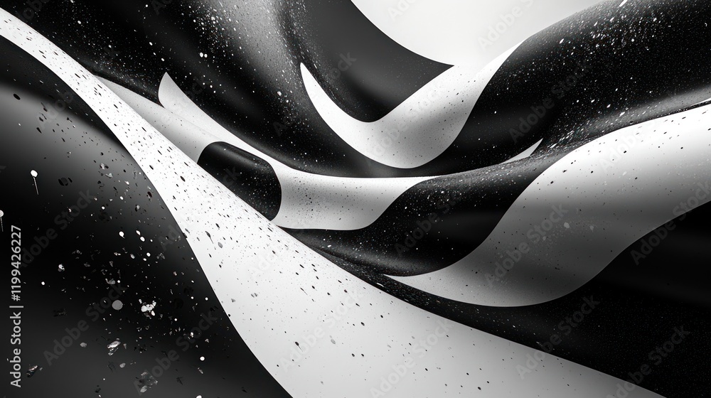 Poster dynamic black and white fabric waves with textured elements creating an artistic flow. generative ai