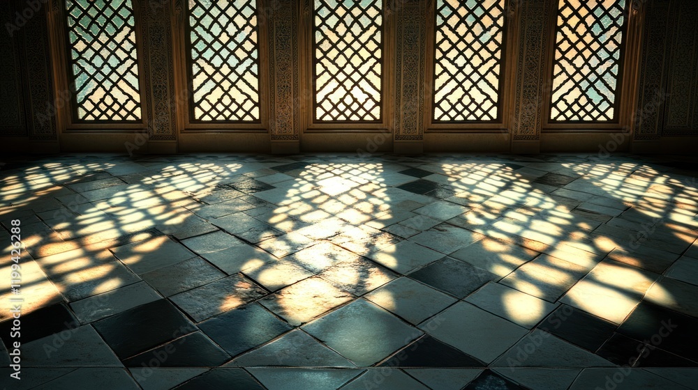 Aufkleber elegant patterns of light and shadow cast on tiled floor through intricate lattice windows. generati
