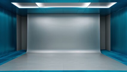 Fototapeta premium Empty studio space with large seamless backdrop and teal walls for product photography