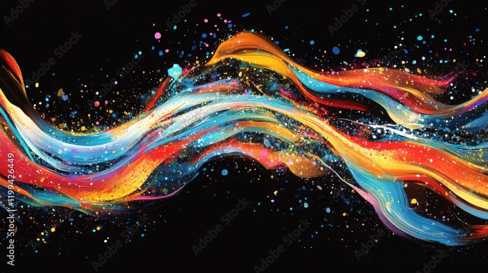 Poster abstract painting with flowing colorful shapes on black background with splatters