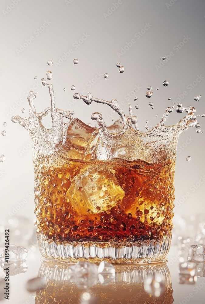 Poster refreshing glass of dark beverage with ice cubes splashing in liquid, captured in soft light, showca