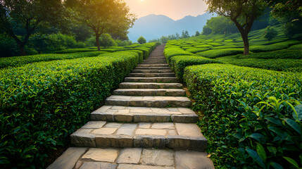 Stone steps ascend through a vibrant green tea plantation, leading to distant mountains under a tranquil sunset. Serene landscape perfect for meditation or relaxation.