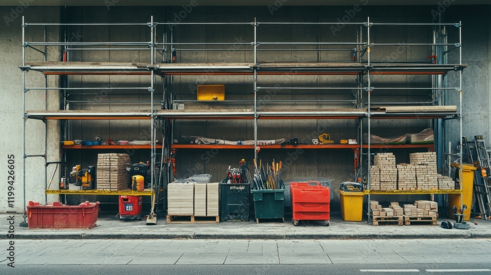 Poster a construction site with neatly stacked bricks and tools under scaffolding.