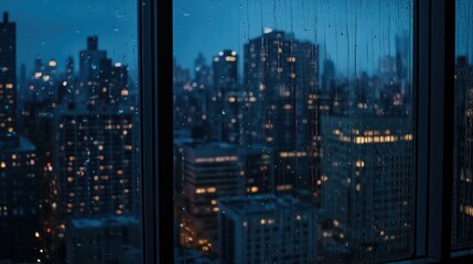 City Skyline Under Rainy Night Sky