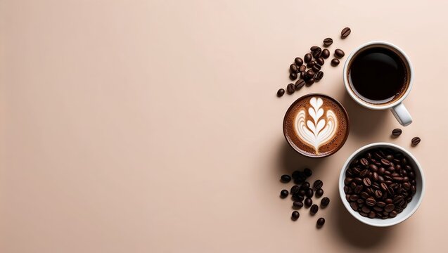 Coffee Still Life Flat Lay of Latte Black Coffee Beans on Beige Background