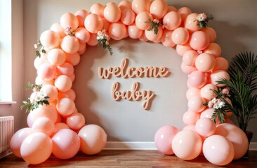 A colorful balloon arch adorned with flowers welcomes guests to a joyful baby event in a cozy indoor setting
