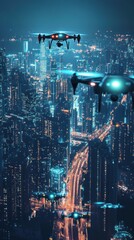Fototapeta premium Drones Flying Over a Luminous Cityscape at Night
