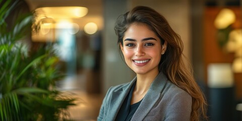 Obraz premium Smiling Businesswoman Standing in a Modern Office