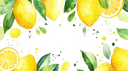 Obraz premium Fresh Lemon Illustration with Green Leaves on White Background