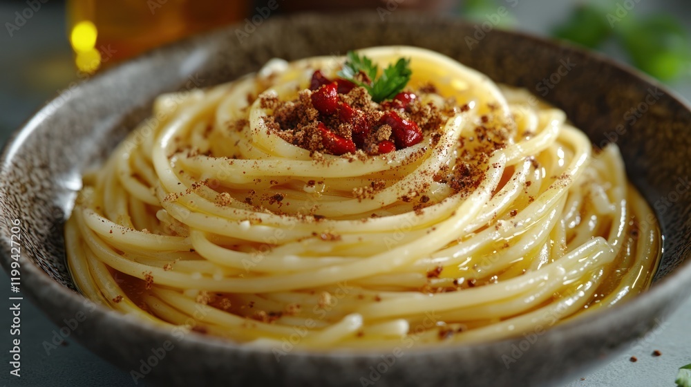 Poster spaghetti served in a rustic bowl with herbs and spices on a textured surface. generative ai