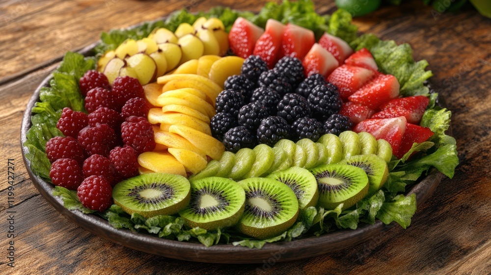 Poster colorful array of fresh fruits displayed elegantly on a wooden table surrounded by green foliage. ge