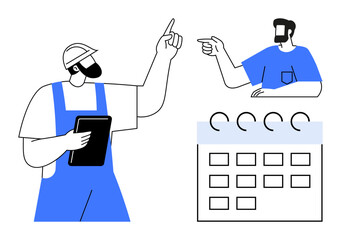 Worker in hard hat holding tablet and pointing up, supervisor gesturing with finger, calendar below them. Ideal for teamwork, task management, scheduling, planning, project coordination, deadlines