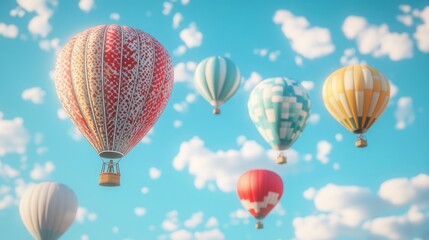 Obraz premium Colorful hot air balloons floating against a clear blue sky with fluffy clouds during daytime. Generative AI