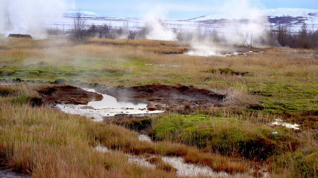 Small geysers of boiling water and steam in the volcanic geothermal area with erupting geysers of the Strokkur geothermal area in the Haukadalur volcanic system in Iceland