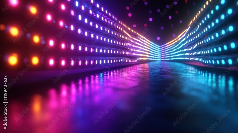 Poster colorful led lights create a vibrant pathway in an artistic light display for a nighttime event. gen
