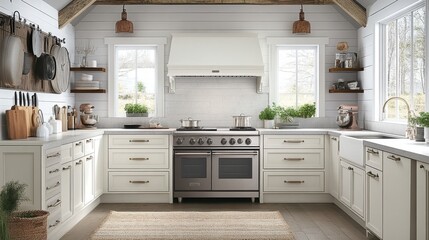 Fototapeta premium A cozy luxury kitchen with natural textures, soft lighting, and a vintage-inspired range.