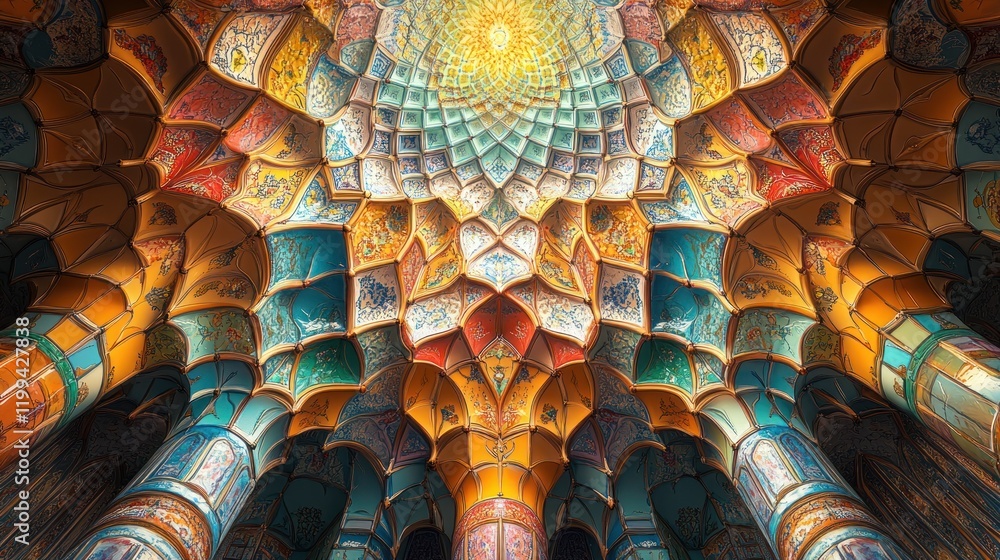 Poster intricate geometric patterns in a colorful ceiling adorned with ornate designs and vibrant hues. gen