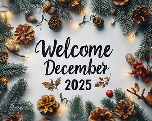 Festive December 2025 greeting with pine, lights, and natural decor.