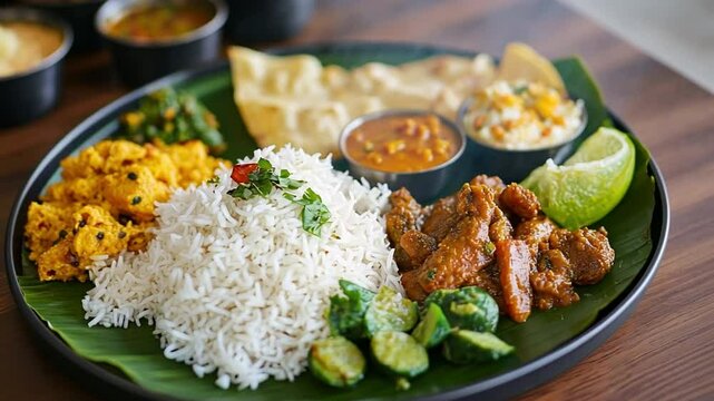 South Indian Thali Feast: A vibrant and flavorful South Indian Thali, a platter brimming with aromatic rice, flavorful curries, crispy papadums, and fresh accompaniments, served on a banana leaf.