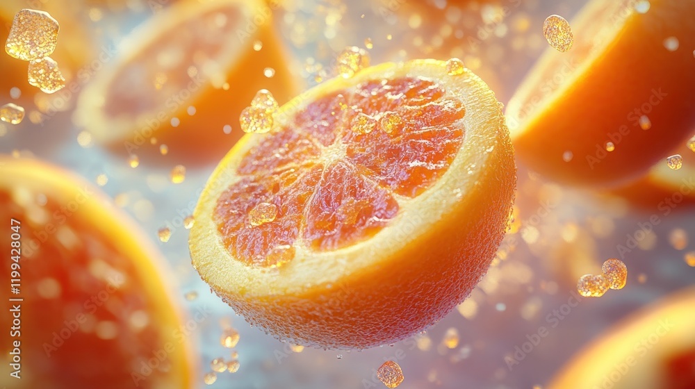 Poster fresh orange slices float in the air, creating a dynamic and vibrant display of citrus elements. gen