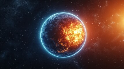 Fototapeta premium Fire and ice collide on a distant planet in the vastness of outer space during twilight hours. Generative AI